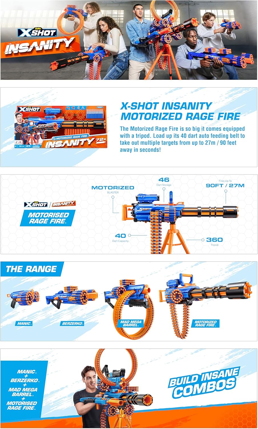 Zuru XSHOT Insanity Motorised Gatling Blaster with Tripod Stand Includes 72 Darts, AZT36605